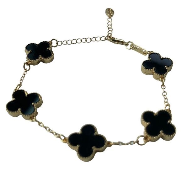 Four Leaf Clover/Black Flower & Gold Bracelet • NWOT - Picture 5 of 9